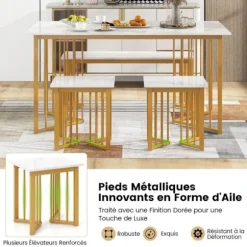 COSTWAY 4-delt spisebordssæt med bænk og 2 skamler Moderne med metalben til lejlighed, spisestue