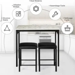 COSTWAY 3-delt spisebordssæt med 2 rygløse skamler i imiteret læder, kompakt design, til køkken, stue, hvid Vit+svart