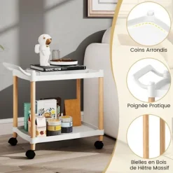 COSTWAY Desserte de Bureau à 2 Niveaux, Ramme i Bøgetræ med Låsehjul Moderne Hvid