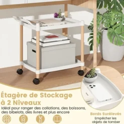 COSTWAY Desserte de Bureau à 2 Niveaux, Ramme i Bøgetræ med Låsehjul Moderne Hvid