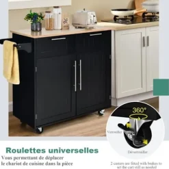 COSTWAY Desserte/Chariot de Cuisine på Hjul - 94x45x94,5 CM - 2 Skuffer - 2 Døre - Håndklædestativ - Køkkenø - Sort