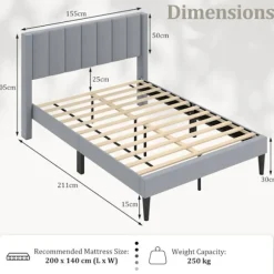 COSTWAY Dobbelt Sengestel med Hovedgærde, Velvet Stof Boxmadras, Træ Lameller, Justerbare Fødder, Kapacitet 250 kg