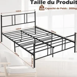 COSTWAY dobbeltseng til voksne - Sengeramme i metal - 160 x 200 CM - 9 støtteben - ingen boxfjeder nødvendig - lydløs Svart