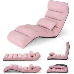 COSTWAY Doven Stol med Pude, Ryg 90°-180°, Sammenklappelig Gul Stol i Suede Overflade, 175 x 55 x 20CM Rosa