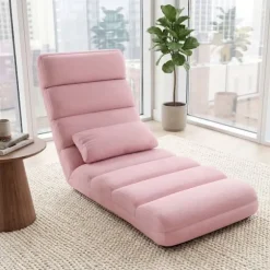 COSTWAY Doven Stol med Pude, Ryg 90°-180°, Sammenklappelig Gul Stol i Suede Overflade, 175 x 55 x 20CM Rosa