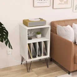 COSTWAY drevskab med 5 åbne rum, USB-port & Type-C-port, metalfødder, industriel stil, 48x40x88 cm, hvid