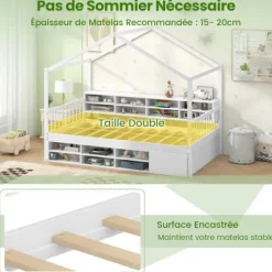 COSTWAY enkeltseng 90x200 cm med tag, 14 opbevaringskuber, garderobe med dør, børneseng med lamelbund Vit