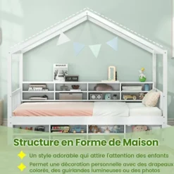 COSTWAY enkeltseng 90x200 cm med tag, 14 opbevaringskuber, garderobe med dør, børneseng med lamelbund Vit
