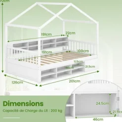 COSTWAY enkeltseng 90x200 cm med tag, 14 opbevaringskuber, garderobe med dør, børneseng med lamelbund Vit