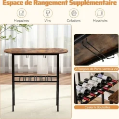 COSTWAY Ensemble 3 Stykker - Oval Spisebord og 2 Taburetter - Vinflaskeholder, Vinglasholder til Køkken, Bistro Brun