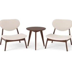 COSTWAY Ensemble 3 Stykker Stue - Siddebord med 2 Polstrede Stole i Lammeskinn Væv og Moderne Træramme Beige