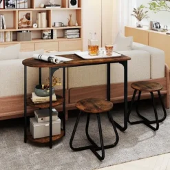 COSTWAY Ensemble Spisebord Industriel 3 PCS 110 x 45 x 78 cm med 2 Høje Stole - Opbevaringshylder Brun