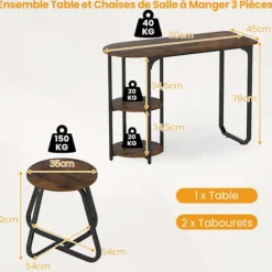COSTWAY Ensemble Spisebord Industriel 3 PCS 110 x 45 x 78 cm med 2 Høje Stole - Opbevaringshylder Brun