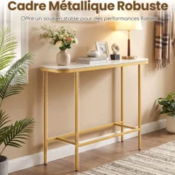 COSTWAY Entréekonsol med Syntetisk Marmorplade og Metalramme 110 x 30 x 91 cm (L x B x H) Hvid og Guld