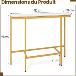 COSTWAY Entréekonsol med Syntetisk Marmorplade og Metalramme 110 x 30 x 91 cm (L x B x H) Hvid og Guld
