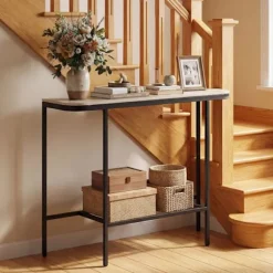 COSTWAY Entréekonsol med Syntetisk Marmorplade og Metalramme 110 x 30 x 91 cm (L x B x H) Grå og Sort