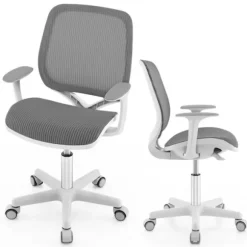 COSTWAY Ergonomisk Dækkontorstol til Børn 6-15 år, 5 Bremserulle, Justerbar Sædehøjde 43-55cm, Grå