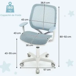 COSTWAY Ergonomisk drejelig kontorstol til børn 6-15 år, 5 bremsehjul, justerbar sædehøjde 43-55 cm, blå Blå