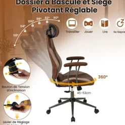 COSTWAY Ergonomisk Kontorstol i Sæde Stof med Hovedstøtte, Vipbart Rygstykke og Hjul 70 x 63 x 116-124 cm