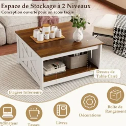 COSTWAY Firbenet Sofabord Med 2 Niveauer, Opbevaringshylde, Åbent Rum, 78 x 78 x 44 CM til Soveværelse Kontor Balkon Vit och brun