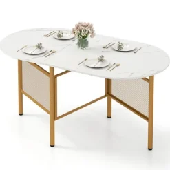 COSTWAY Foldbar Spisebord 150 cm til 6-8 Personer med Foldbar Forlængelse Pladsbesparende med Hvide Metalben