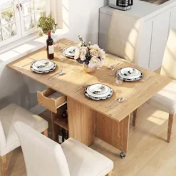 COSTWAY Foldbart Spisebord 120 x 72 x 75 cm med 2 Hjul, Opbevaringshylde og 2-niveau Skuffe Natur