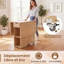 COSTWAY Foldbart Spisebord 120 x 72 x 75 cm med 2 Hjul, Opbevaringshylde og 2-niveau Skuffe Natur
