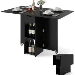 COSTWAY Foldbart Spisebord 120 x 72 x 75 cm med 2 Ruller, Opbevaringsstøtte og 2-niveau Skuffe Sort