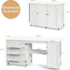 COSTWAY foldbart sybord 3 hylder til spoler, låsbare hjul158 x 50 x 75 CM (L x B x H) Hvid