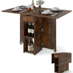 COSTWAY Foldebord 120 x 72 x 75 cm med 2 Hjul, Opbevaringsstativ og 2-niveau Skuffe Brun