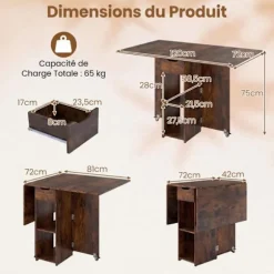 COSTWAY Foldebord 120 x 72 x 75 cm med 2 Hjul, Opbevaringsstativ og 2-niveau Skuffe Brun