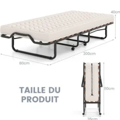 COSTWAY Foldeseng 80 x 200 cm, Ortopædisk Memory Madras 10 cm, 4-hjulet Sengeramme til gæster, Belastning 120 kg, Beige Ramfärg: Svart | Madrass färg: Beige | Fyndiq