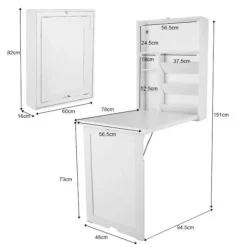 COSTWAY Foldevæg Skrivebord Vægmonteret Foldebord med Skifer Integreret Hylde i Hvid MDF 94,5 x 56,5 x 151 CM