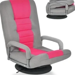 COSTWAY Foldseng - Justerbar ryg i 6 positioner - 360° drejelig base Metalramme Max belastning 150 KG, Rosa rosa och grå
