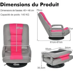 COSTWAY Foldseng - Justerbar ryg i 6 positioner - 360° drejelig base Metalramme Max belastning 150 KG, Rosa rosa och grå