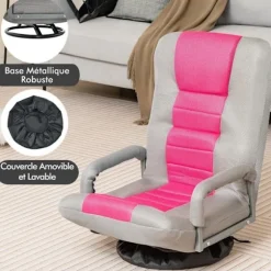 COSTWAY Foldseng - Justerbar ryg i 6 positioner - 360° drejelig base Metalramme Max belastning 150 KG, Rosa rosa och grå