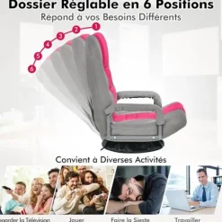 COSTWAY Foldseng - Justerbar ryg i 6 positioner - 360° drejelig base Metalramme Max belastning 150 KG, Rosa rosa och grå