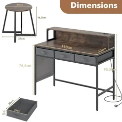 COSTWAY Frisørbord og Skammel, Opladningsstation, Tøjskuffer, Side lommer, Monitorholder, Rustik Brun Rustik brun
