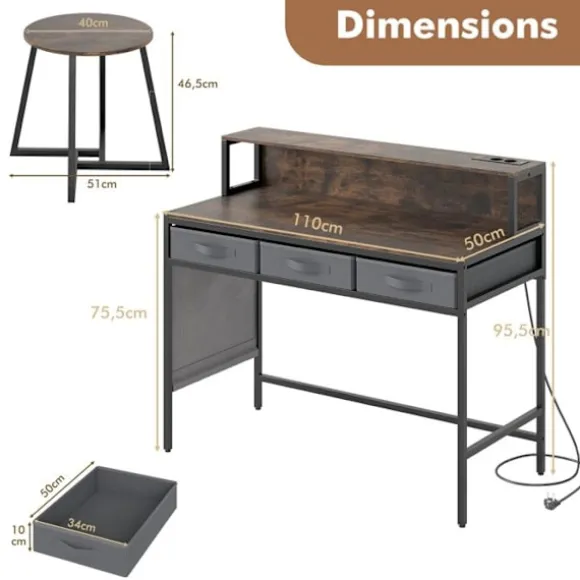 COSTWAY Frisørbord og Skammel, Opladningsstation, Tøjskuffer, Side lommer, Monitorholder, Rustik Brun Rustik brun