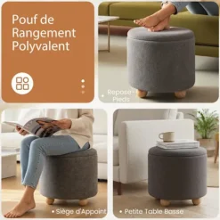 COSTWAY Frisørskammel med Aftageligt Låg og Opbevaringsplads 35L - 44,5 x 44,5 cm (Dia. x H) i Grå Chenille