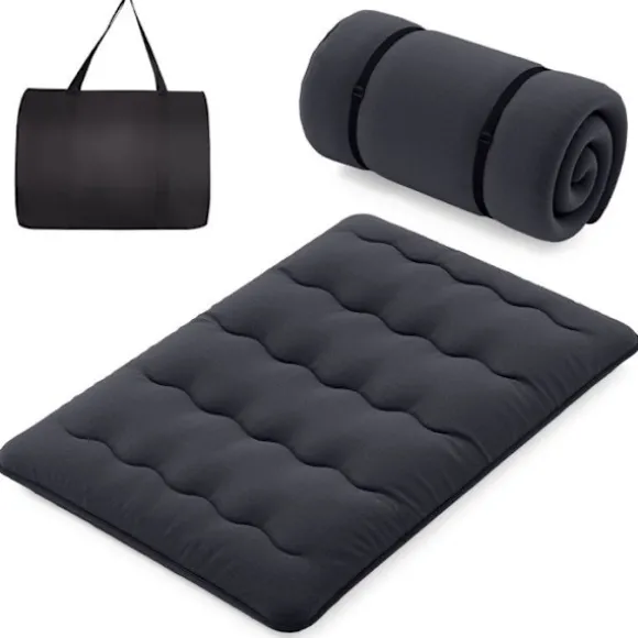 COSTWAY Futonmadras 140 x 200 CM, Aftageligt Vaskbart Topmadras, Bærbar Gulvmadras med Transporttaske til Camping, Sort