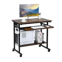 COSTWAY Gamerbord/Computerbord med hjul - 3 hylder og hovedtelefonholder - 80 x 50 x 75 CM Rustik Brun