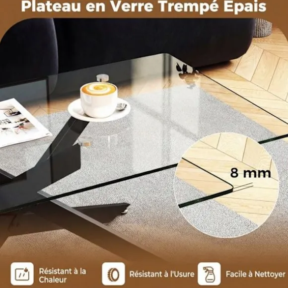 COSTWAY Glasbord i hærdet glas, 120x60x45,5 cm rektangulært sofabord, metalrørfødder, sort sofabord Gennemsigtig og sort