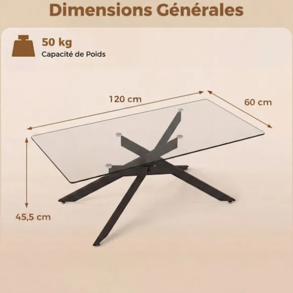 COSTWAY Glasbord i hærdet glas, 120x60x45,5 cm rektangulært sofabord, metalrørfødder, sort sofabord Gennemsigtig og sort