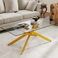 COSTWAY Glasbord i hærdet glas, 120 x 60 x 45,5cm rektangulært sofabord, metalrørben, sofabord i guld Gennemsigtig og Guld