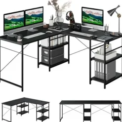 COSTWAY Hjørneskrivebord - 151 x 151 x 75 CM - Justerbart til lige skrivebord, 4 opbevaringshylder, stort bord til 2 personer Sort Svart