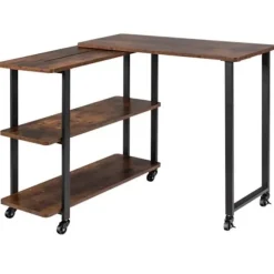 COSTWAY Hjørneskrivebord på hjul med 3 L-formede hylder, computerbord med robust metalstel, 80 x 71,5 x 67 cm rustikt brunt