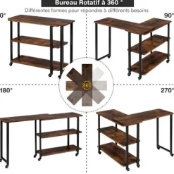COSTWAY Hjørneskrivebord på hjul med 3 L-formede hylder, computerbord med robust metalstel, 80 x 71,5 x 67 cm rustikt brunt
