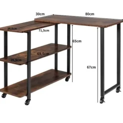 COSTWAY Hjørneskrivebord på hjul med 3 L-formede hylder, computerbord med robust metalstel, 80 x 71,5 x 67 cm rustikt brunt