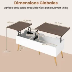 COSTWAY Hæve-sænke Sofabord 40-53,5 cm, 2 Skjulte Opbevaringsrum, Metalben, Sofabord Stue Valnød Valnöt
